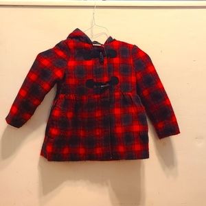 Cat & Jack Red & Black Plaid Zip- Up Hooded Pea Coat. Size 4.